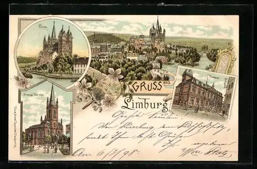 Lithographie Limburg / Lahn, Postamt, Dom, Evang. Kirche