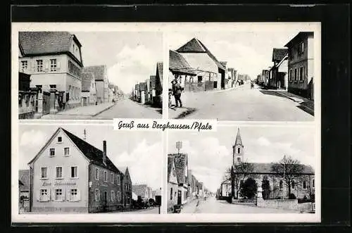 AK Berghausen / Pfalz, Gasthaus zum Schwan, Kirche, Strassenansichten