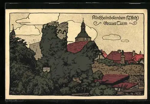 Steindruck-AK Kirchheimbolanden /Pfalz, Teilansicht mit Grauem Turm