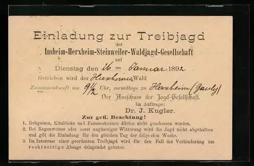 AK Herxheim / Pfalz, Einladung zur Treibjagd der Insheim-Herxheim-Steinweiler-Waldjagd-Gesellschaft
