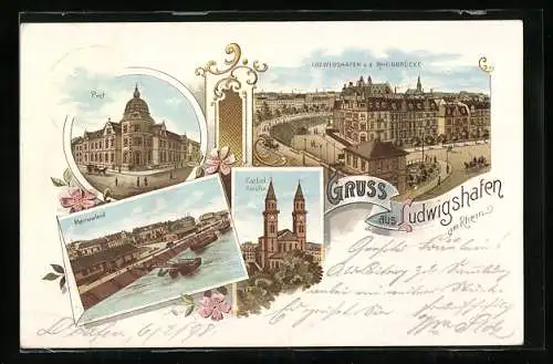 Lithographie Ludwigshafen am Rhein, Rheinvorland, Post und Sicht v. d. Rheinbrücke