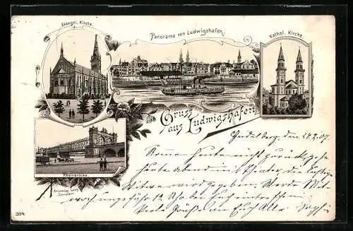 Lithographie Ludwigshafen / Rhein, Evang. Kirche, Rheinbrücke, Panorama