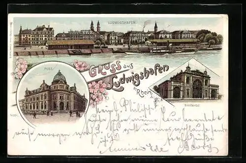 Lithographie Ludwigshafen a. Rh., Panorama, Post und Bahnhof