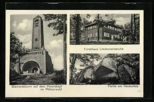 AK Peterskopf /Pfälzerwald, Forsthaus Lindemannsruhe, Partie am Heidenfels und Bismarckturm