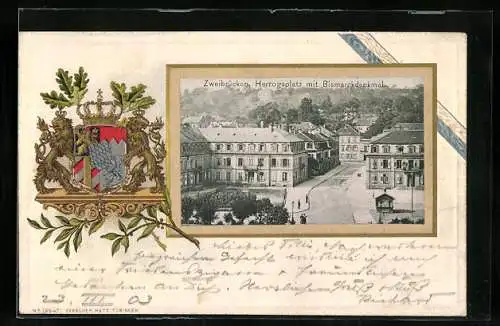 Passepartout-Lithographie Zweibrücken, Herzogsplatz mit Bismarckdenkmal, Wappen