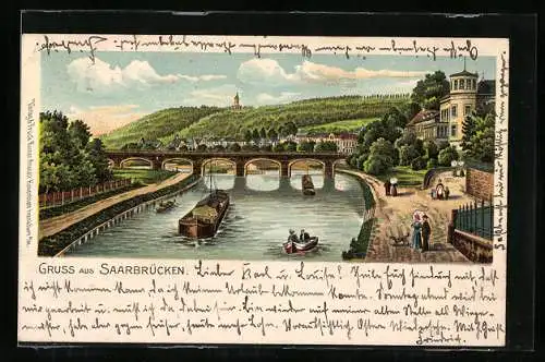 Lithographie Saarbrücken, Flusspartie mit Booten und Spaziergängern