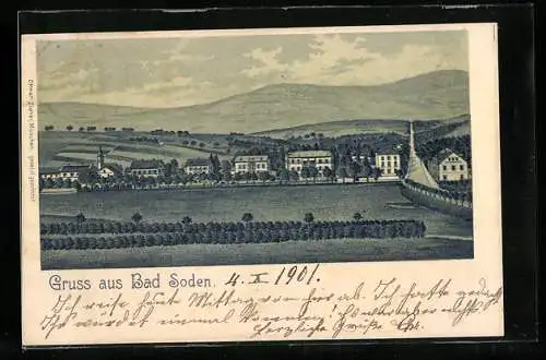 Lithographie Bad Soden / Taunus, Ortsansicht mit Allee und Berghintergrund