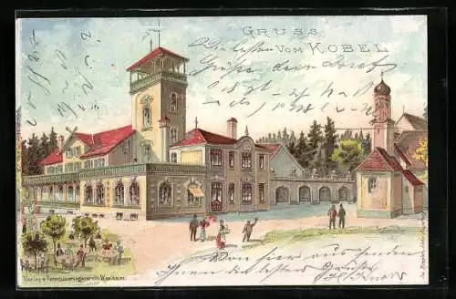 Lithographie Westheim / Kobel, Gasthof zum Kobel mit Besuchern