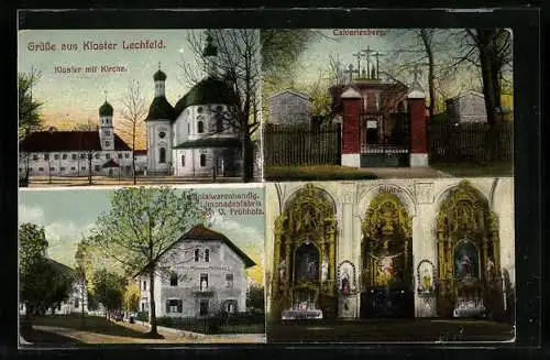 AK Kloster Lechfeld, Kloster mit Kirche, Kolonialwarenhandlg. u. Limonadenfabrik von V. Früholz und Calvarienberg