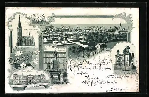 Lithographie Kaiserslautern, Gewerbe-Museum, Synagoge, St. Marienkirche und Bismarck-Denkmal