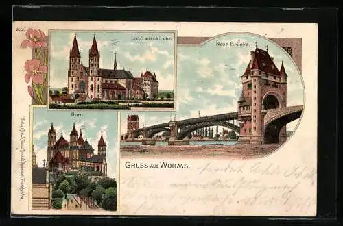 Lithographie Worms, Neue Brücke, Dom und Liebfrauenkirche
