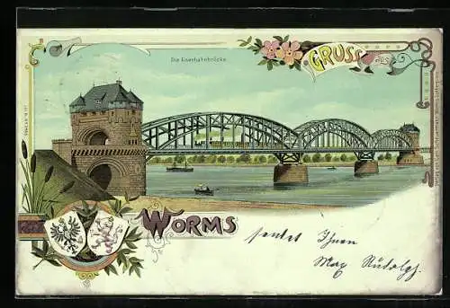 Lithographie Worms, Die Eisenbahnbrücke m. Wappen