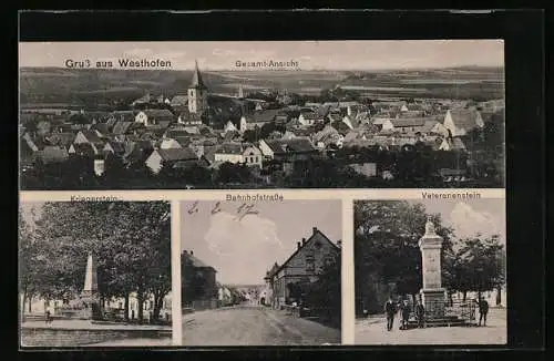 AK Westhofen / Hessen, Blick in die Bahnhofstrasse, Veteranenstein, Gesamtansicht