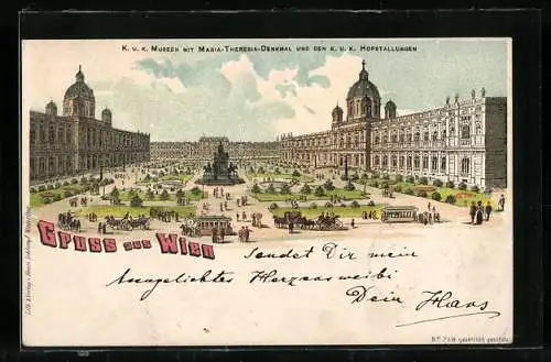 Lithographie Wien, K. k. Museen mit Hofstallungen und Maria Theresia-Denkmal