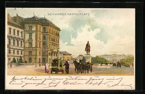 Lithographie Wien, Partie am Schwarzenbergplatz, mit Handwagen und Kutsche