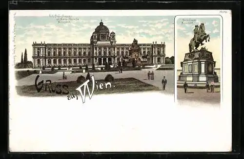 Lithographie Wien, Hof-Museum mit Maria Theresia Monument und Prinz Eugen Monument