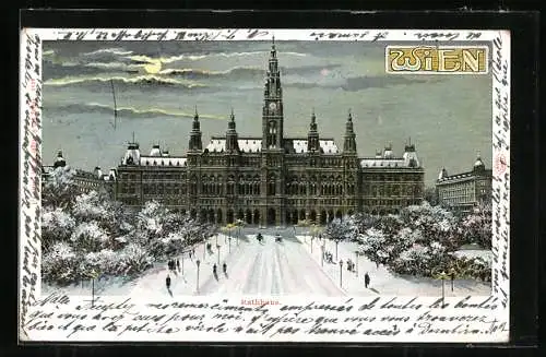 Lithographie Wien I, Parlament, Rathaus, Ansicht im Schnee