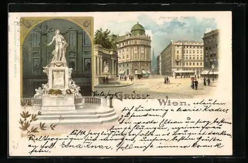 Lithographie Wien I, Albrechtsplatz, Albrechtsplatz und Mozartdenkmal