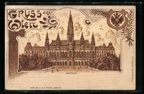 Lithographie Wien, Frontalansicht vom Rathaus