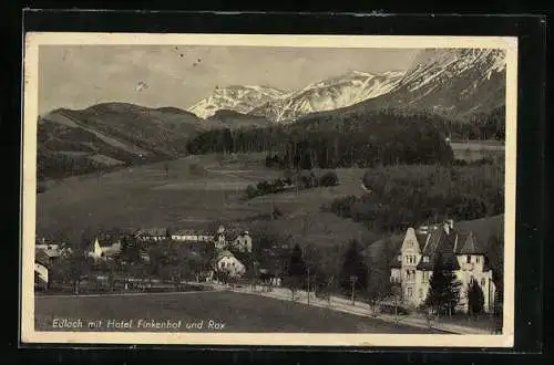 AK Edlach, Ortsansicht mit dem Hotel Finkenhof und Rax