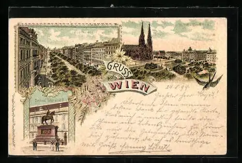 Lithographie Wien, Votivkirche und Währingstrasse, Kärntnerring, Denkmal Kaiser Josef II.