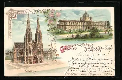 Lithographie Wien, Votivkirche und K. K. Hof-Museum