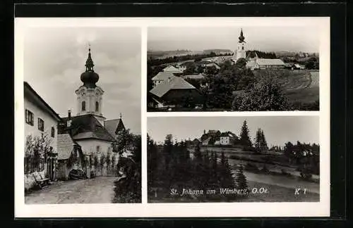 AK St. Johann am Wimberg, Ortspartie mit Blick zur Kirche, die Ortschaft vom Hügel aus