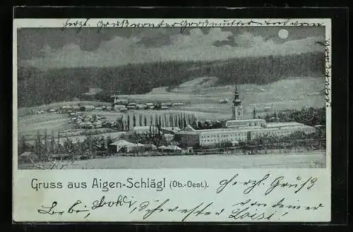 Mondschein-AK Aigen-Schlägl /Ob.-Oest., Ortsansicht mit dem Stiftsgebäude