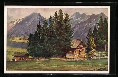 Künstler-AK Schwaz /Tirol, Die Rodelhütte Grafenast im Bergidyll