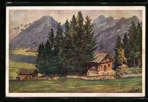 Künstler-AK Schwaz /Tirol, Die Rodelhütte Grafenast in den Bergen