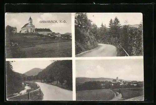 AK Gansbach /N.-Ö., Ortsansicht mit der Kirche, Strassenpartie am Bach, die Ortschaft aus der Ferne