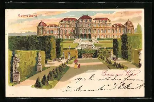 Lithographie Wien, Blick zum Schloss Belvedere