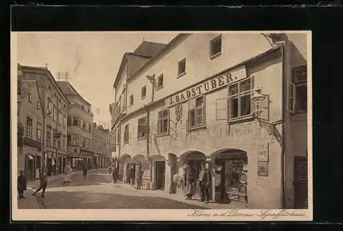 AK Krems a. d. Donau, Sgraffitohaus mit Geschäft von J. Badstuber