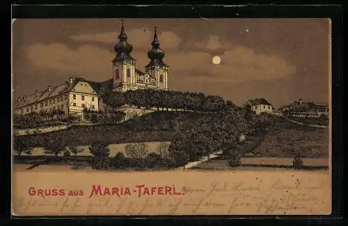 Lithographie Maria-Taferl, Teilansicht der Kirche im Vollmondlicht
