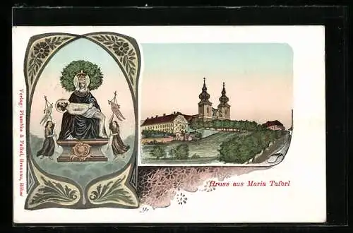 Künstler-AK Maria Taferl, Ortspartie mit Kirche, Gnadenbild