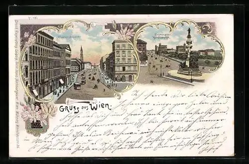 Lithographie Wien, Praterstrasse mit Strassenbahn, Praterstern am Nordbahnhof