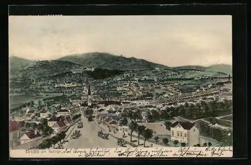 Künstler-AK Brunn am Gebirge, Teilansicht mit Kirche und Strassenpartie