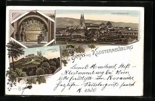 Lithographie Klosterneuburg, Teilansicht mit Kirche, Leopoldsberg, Fasslrutschen im Stiftskeller