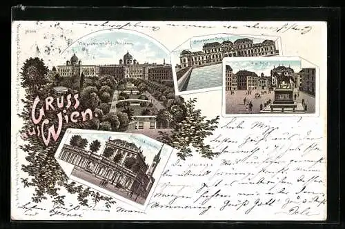 Lithographie Wien, Volksgarten mit Hofmuseum, Belvedere mit Teich, Partie am Hof, Albrechtsbrunnen