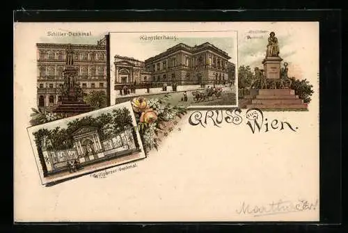 Lithographie Wien, Schiller-Denkmal, Künstlerhaus, Beethoven-Denkmal