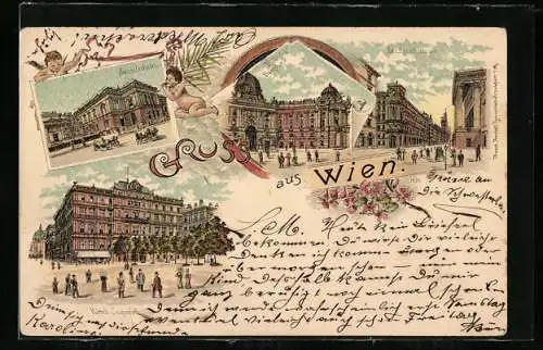 Lithographie Wien, Hotel Imperial, Künstlerhaus, Michaeler Burgtor