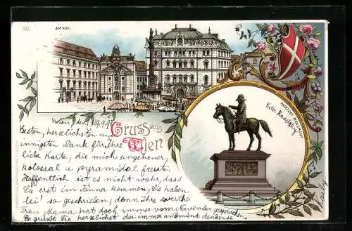 Lithographie Wien, Partie am Hof und Denkmal Radetzky