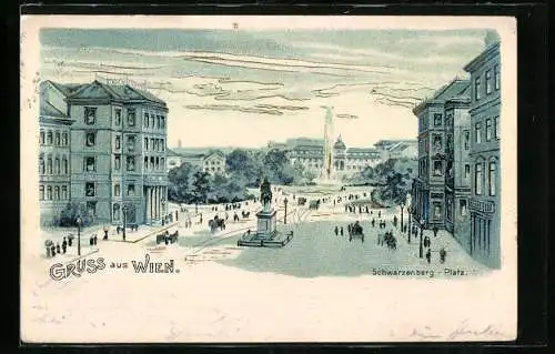 Lithographie Wien, Schwarzenberg-Platz mir Denkmal