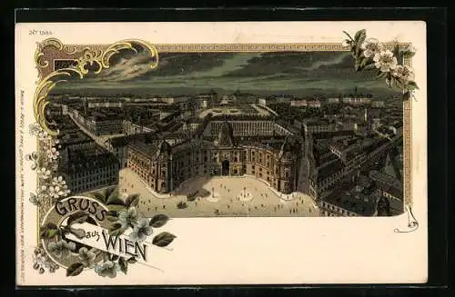 Lithographie Wien, Hofburg mit Strassenpartie bei Nacht