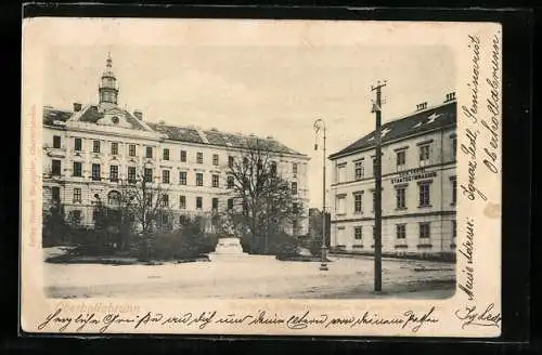 AK Oberhollabrunn, Seminar K. K. Staatsgymnasium mit dem Straussdenkmal