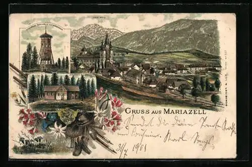 Lithographie Mariazell, Schutzhaus auf der Bürgeralpe, Erzherzog Franz Karls-Höhe, Ortsansicht