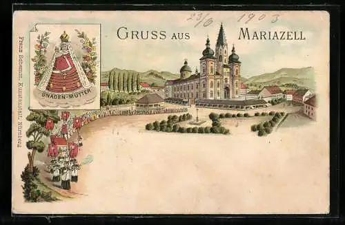 Lithographie Mariazell, Gnadenmutter, Platz vor der Basilika
