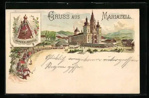Lithographie Mariazell, Pilgerreise vor der Kirche, Gnaden-Mutter