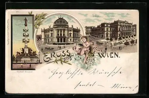 Lithographie Wien, Tegethoff-Monument, Börse, Deutsches Volkstheater