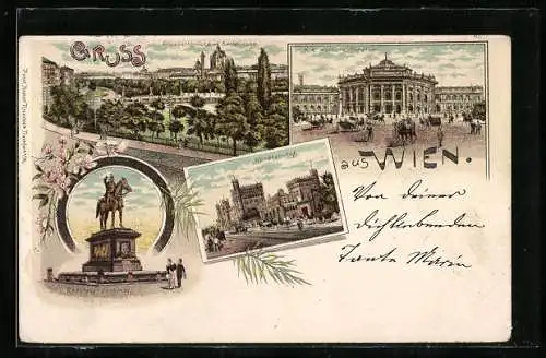 Lithographie Wien, K.K. Hofburg-Theater, Radetzky-Denkmal, Nordbahnhof